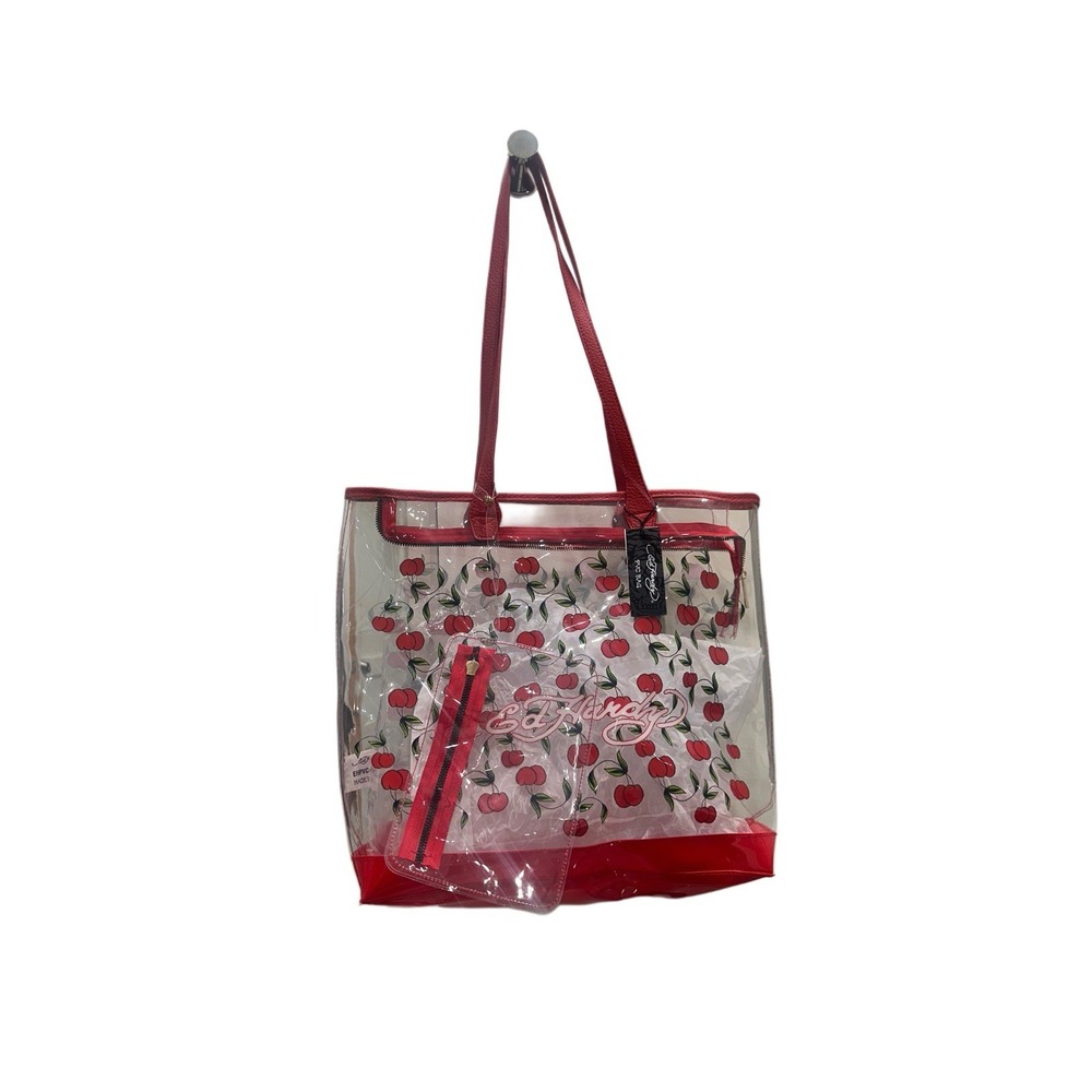 Ed Hardy Red Cherries Clear Tote Bag NWT! Leather Red Straps And Pouch Attached